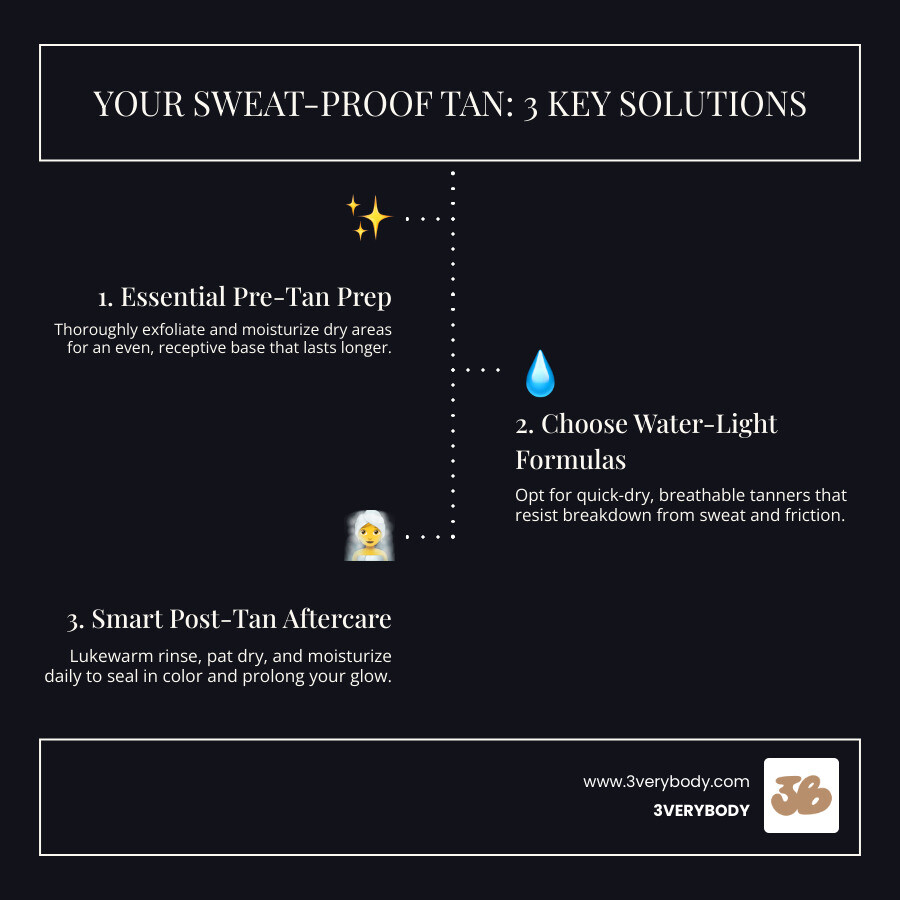 Infographic showing why traditional tans fail during workouts: acidic sweat breaks down DHA molecules, friction from clothes causes streaking, and thick formulas don't breathe with skin movement. Solutions include proper exfoliation prep, water-light formulas that resist sweat breakdown, and quick-dry technology that creates a breathable color barrier - sweat resistant fake tan infographic infographic-line-3-steps-dark Infographic showing why traditional tans fail during workouts: acidic sweat breaks down DHA molecules, friction from clothes causes streaking, and thick formulas don't breathe with skin movement. Solutions include proper exfoliation prep, water-light formulas that resist sweat breakdown, and quick-dry technology that creates a breathable color barrier - sweat resistant fake tan infographic infographic-line-3-steps-dark