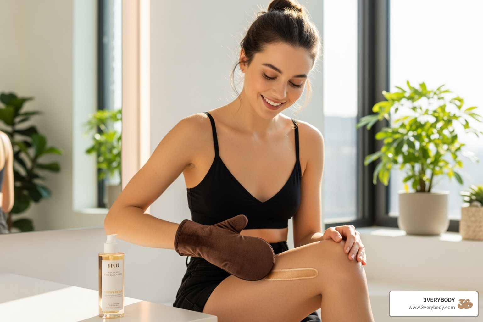 person easily applying tinted tanning water with a mitt - self tanning products person easily applying tinted tanning water with a mitt - self tanning products