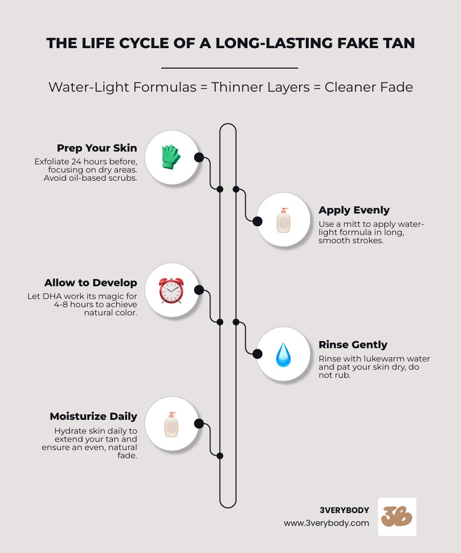 Infographic showing the life cycle of a long-lasting fake tan: Start with exfoliation 24 hours before (brown section with cream mitt icon), then apply water-light tanning formula with mitt using long strokes (brown section with spray bottle icon), allow 4-8 hours for DHA to develop (brown section with clock icon), rinse with lukewarm water and pat dry (brown section with water droplet icon), and moisturize daily to extend wear (brown section with lotion bottle icon). Bottom section reads: WATER-LIGHT FORMULAS = THINNER LAYERS = CLEANER FADE in cream text on brown background. - fake tans that last the longest infographic infographic-line-5-steps-elegant_beige