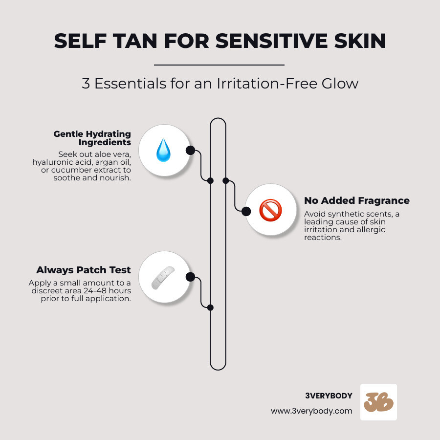 Infographic showing 3 must-haves for sensitive skin self-tanner: 1. GENTLE HYDRATING INGREDIENTS (argan oil, cucumber, aloe) in a cream circle, 2. NO ADDED FRAGRANCE (crossed-out perfume bottle icon) in a cream circle, 3. ALWAYS PATCH TEST (small swatch on inner arm icon) in a cream circle. Brown background, cream text and icons, clean spacing with line dividers between sections. Header reads SELF TAN FOR SENSITIVE SKIN in all caps. - self tan sensitive skin infographic infographic-line-3-steps-elegant_beige Infographic showing 3 must-haves for sensitive skin self-tanner: 1. GENTLE HYDRATING INGREDIENTS (argan oil, cucumber, aloe) in a cream circle, 2. NO ADDED FRAGRANCE (crossed-out perfume bottle icon) in a cream circle, 3. ALWAYS PATCH TEST (small swatch on inner arm icon) in a cream circle. Brown background, cream text and icons, clean spacing with line dividers between sections. Header reads SELF TAN FOR SENSITIVE SKIN in all caps. - self tan sensitive skin infographic infographic-line-3-steps-elegant_beige