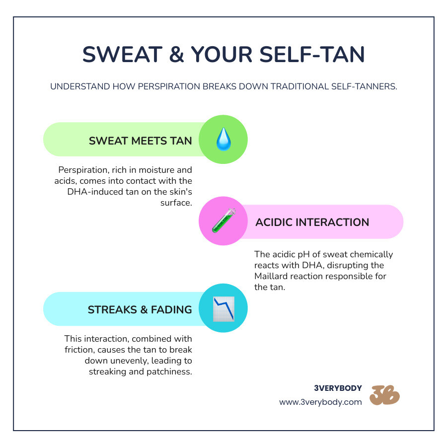 Infographic showing how sweat affects self-tanner: top section labeled "SWEAT MEETS TAN" with cream droplets on brown background, middle section showing "MOISTURE + ACID + FRICTION" with simple line icons of water drop, pH symbol, and motion lines, bottom section labeled "RESULT: STREAKS & FADING" with uneven tan illustration, all on #B88F6C background with #FFF9F1 text - Sweat-Resistant Self Tanner infographic infographic-line-3-steps-colors Infographic showing how sweat affects self-tanner: top section labeled "SWEAT MEETS TAN" with cream droplets on brown background, middle section showing "MOISTURE + ACID + FRICTION" with simple line icons of water drop, pH symbol, and motion lines, bottom section labeled "RESULT: STREAKS & FADING" with uneven tan illustration, all on #B88F6C background with #FFF9F1 text - Sweat-Resistant Self Tanner infographic infographic-line-3-steps-colors