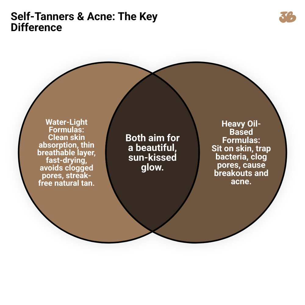 Infographic showing how water-light, non-comedogenic self-tanners work: Clean skin absorbs a thin, breathable layer of tinted tanning water enriched with argan oil and cucumber oil. The water-light formula dries fast, avoids clogged pores, and delivers a streak-free, natural-looking tan. Heavy oil-based tanners sit on skin, trap bacteria, and cause breakouts. HEADERS: WATER-LIGHT VS. HEAVY OIL. Background: #B88F6C (brown). Text & icons: #FFF9F1 (cream). - self tanner for acne infographic venn_diagram