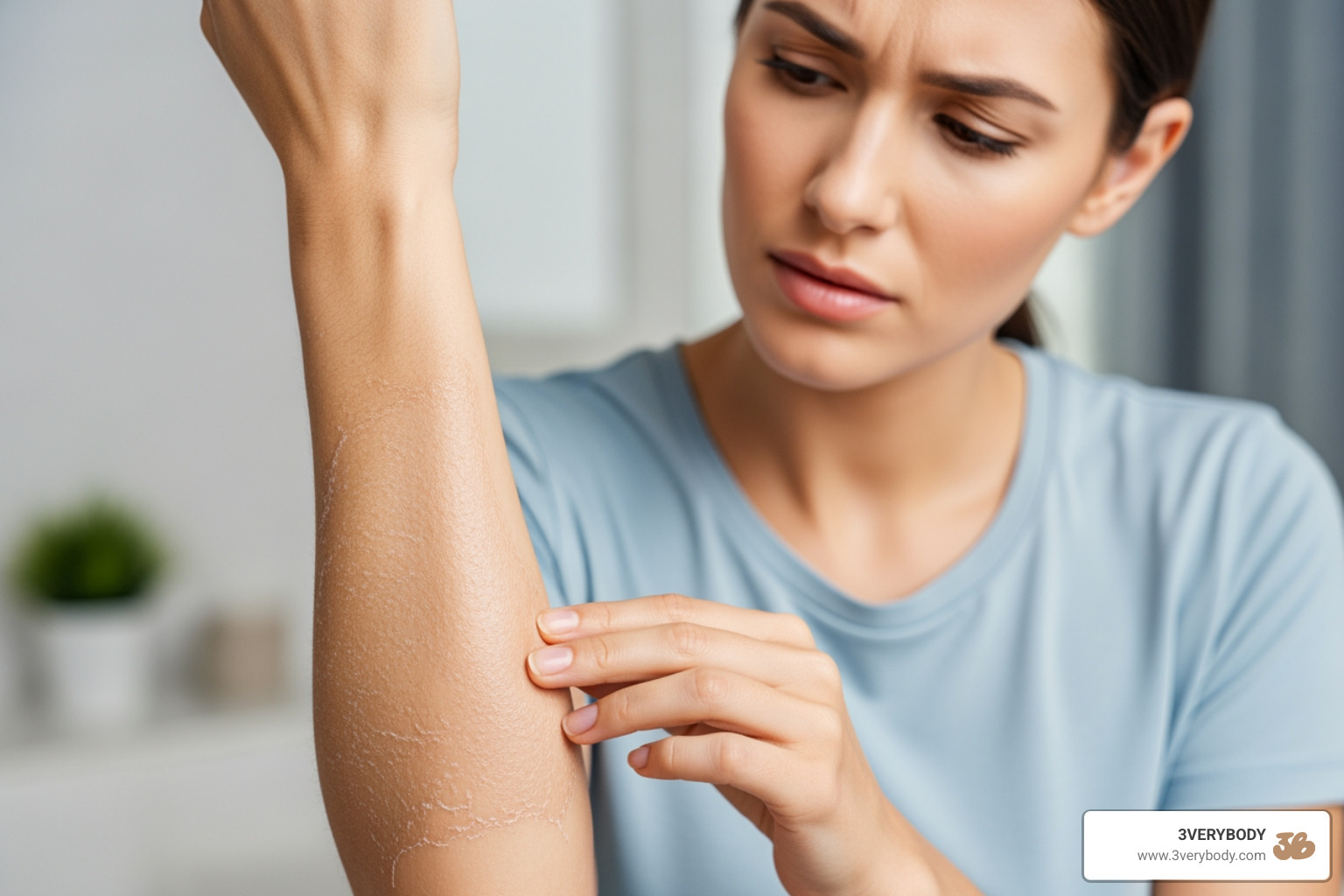 Woman looking at her dry skin, illustrating a factor that speeds up tan fading - fake tan lasts 3 weeks