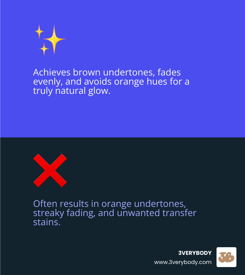 Infographic comparing natural brown-based dark tan versus splotchy orange-toned tan. LEFT SIDE (BROWN BACKGROUND): Header reads NATURAL DARK TAN in cream all-caps. Below are three short lines in cream text: Brown undertones / Fades evenly / Never orange. Simple icon of a spray bottle in cream. RIGHT SIDE (CREAM BACKGROUND): Header reads ORANGE FAKE TAN in brown all-caps. Below are three short lines in brown text: Orange undertones / Streaky fade / Transfer stains. Simple icon of a crossed-out mitt in brown. Clean line divider between the two sections. - best self tanner dark infographic 2_facts_emoji_blue Infographic comparing natural brown-based dark tan versus splotchy orange-toned tan. LEFT SIDE (BROWN BACKGROUND): Header reads NATURAL DARK TAN in cream all-caps. Below are three short lines in cream text: Brown undertones / Fades evenly / Never orange. Simple icon of a spray bottle in cream. RIGHT SIDE (CREAM BACKGROUND): Header reads ORANGE FAKE TAN in brown all-caps. Below are three short lines in brown text: Orange undertones / Streaky fade / Transfer stains. Simple icon of a crossed-out mitt in brown. Clean line divider between the two sections. - best self tanner dark infographic 2_facts_emoji_blue