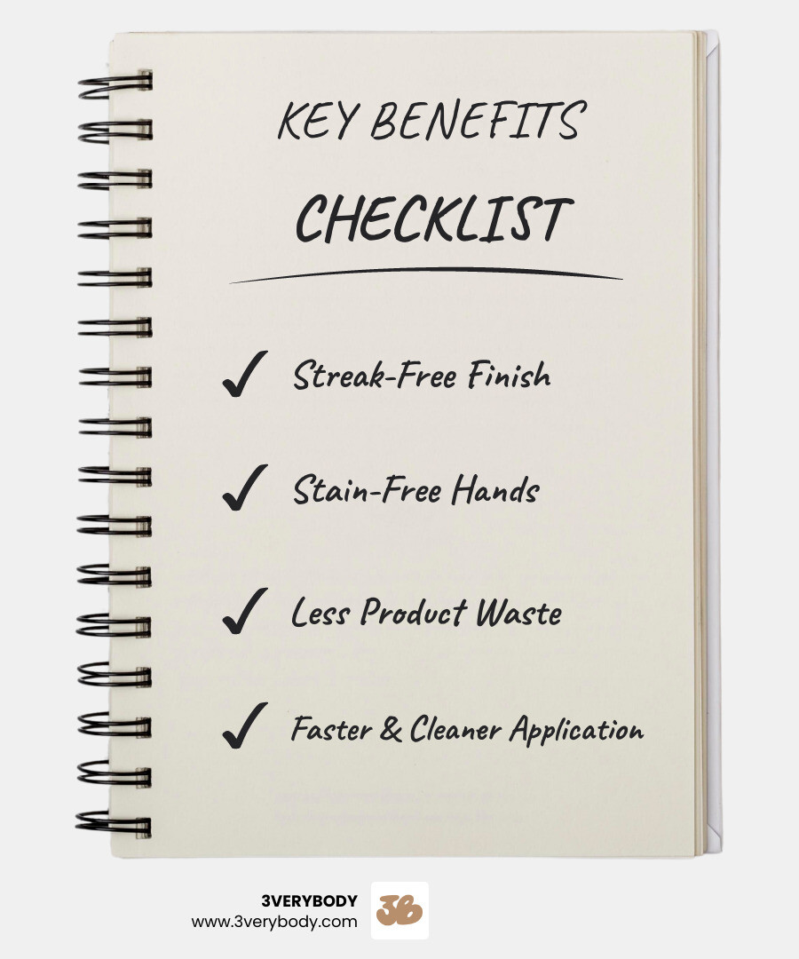 Infographic showing four key benefits of using a tanning mitt applicator: STREAK-FREE FINISH with icon of smooth arm, STAIN-FREE HANDS with icon of clean palm, LESS PRODUCT WASTE with icon of spray bottle and mitt, FASTER & CLEANER APPLICATION with icon of clock and checkmark. Background in #B88F6C brown, text and icons in #FFF9F1 cream, clean sans-serif font with headers in ALL CAPS - tanning mitt applicator infographic checklist-notebook Infographic showing four key benefits of using a tanning mitt applicator: STREAK-FREE FINISH with icon of smooth arm, STAIN-FREE HANDS with icon of clean palm, LESS PRODUCT WASTE with icon of spray bottle and mitt, FASTER & CLEANER APPLICATION with icon of clock and checkmark. Background in #B88F6C brown, text and icons in #FFF9F1 cream, clean sans-serif font with headers in ALL CAPS - tanning mitt applicator infographic checklist-notebook