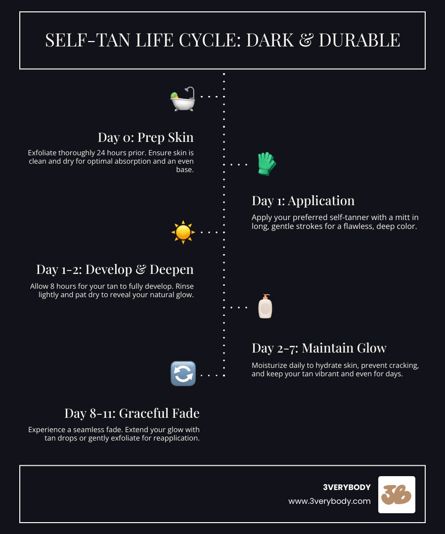 Infographic showing the life cycle of a long-lasting self-tan: Day 0 shows exfoliation and prep, Day 1 shows application with Tinted Tanning Water and Mitt, Day 2-7 shows the deep, even tan developing and staying vibrant with daily moisturizing, Day 8-11 shows a seamless fade with optional Tanning Drops to extend the glow - darkest longest lasting self tanner infographic infographic-line-5-steps-dark Infographic showing the life cycle of a long-lasting self-tan: Day 0 shows exfoliation and prep, Day 1 shows application with Tinted Tanning Water and Mitt, Day 2-7 shows the deep, even tan developing and staying vibrant with daily moisturizing, Day 8-11 shows a seamless fade with optional Tanning Drops to extend the glow - darkest longest lasting self tanner infographic infographic-line-5-steps-dark