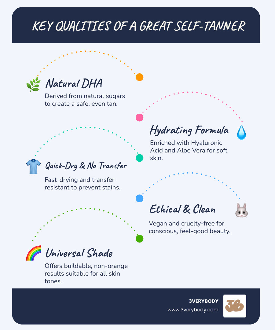Infographic showing what makes a great self-tanner: DHA from natural sugars for color; hydrating ingredients like hyaluronic acid and aloe vera for soft skin; quick-dry and transfer-resistant formula for no stains; vegan and cruelty-free for clean beauty; works on all skin tones for buildable, non-orange results - best self tanner foam infographic infographic-line-5-steps-blues-accent_colors
