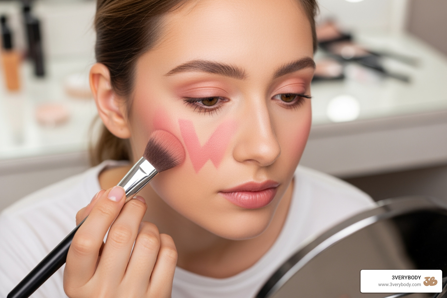 Image illustrating the 'W' blush technique across the cheeks and nose - sun kissed look