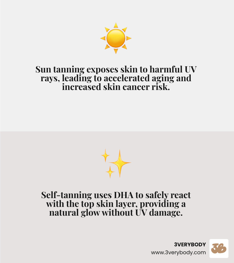 Infographic showing Sun Tanning vs Self-Tanning: LEFT SIDE (Sun Tanning) – Icon of sun with UV rays, text "UV DAMAGE" in caps, bullets: "Ages skin faster," "Increases skin cancer risk," "Uneven pigmentation." RIGHT SIDE (Self-Tanning) – Icon of spray bottle, text "SAFE DHA REACTION" in caps, bullets: "No UV exposure," "Reacts with top skin layer only," "Fades naturally in 5–7 days." Bottom banner: "YOUR GLOW, YOUR WAY—WITHOUT THE RISK" - Inclusive Skin Tone & Skin Type Tans infographic 2_facts_emoji_grey