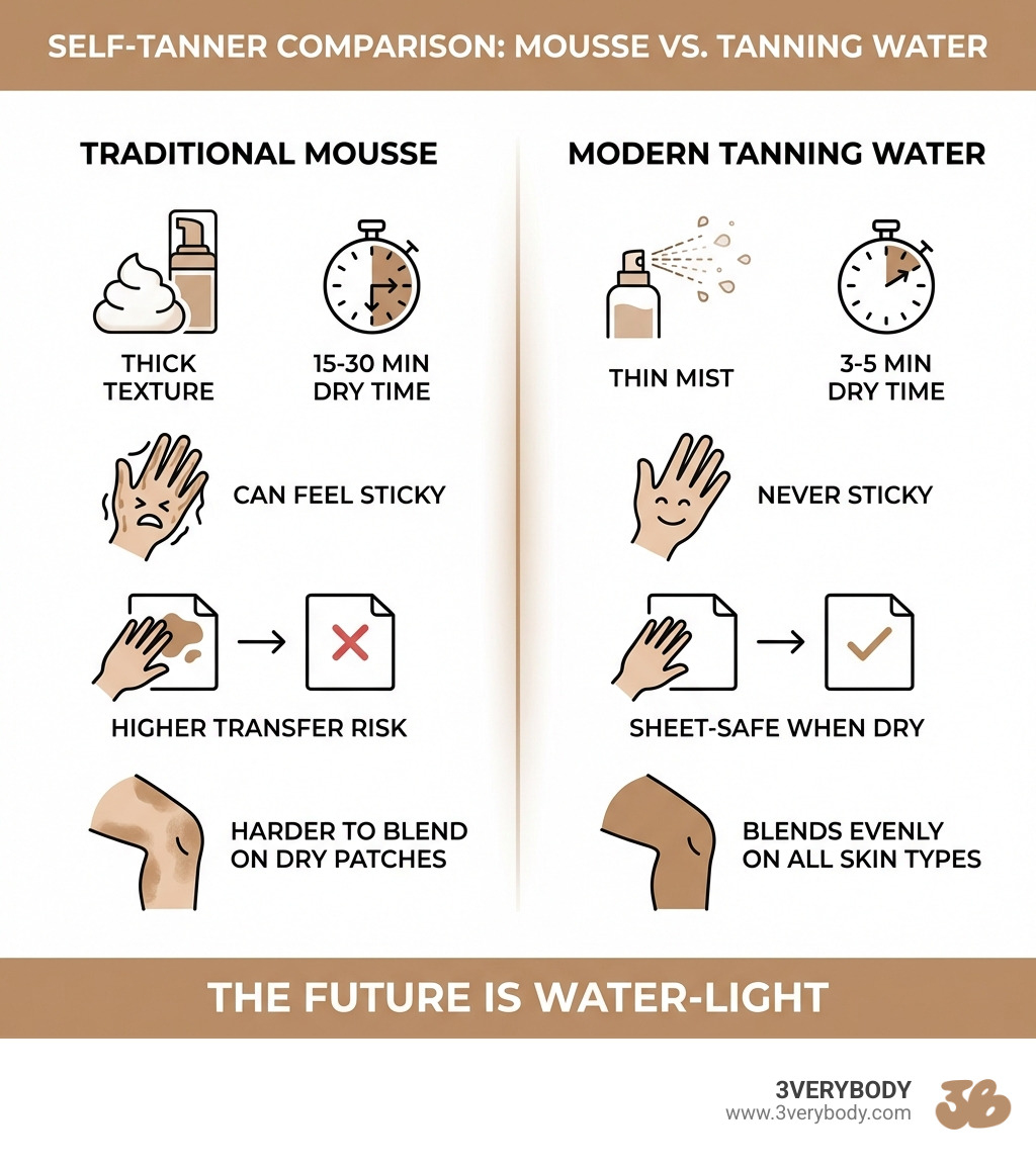 Infographic showing comparison between traditional mousse and modern tanning water: MOUSSE: thick texture, 15-30 min dry time, can feel sticky, higher transfer risk, harder to blend on dry patches. TANNING WATER: thin mist, 3-5 min dry time, never sticky, sheet-safe when dry, blends evenly on all skin types. Bottom text: THE FUTURE IS WATER-LIGHT - best self tanner 2025 2026 review mousse drops infographic 