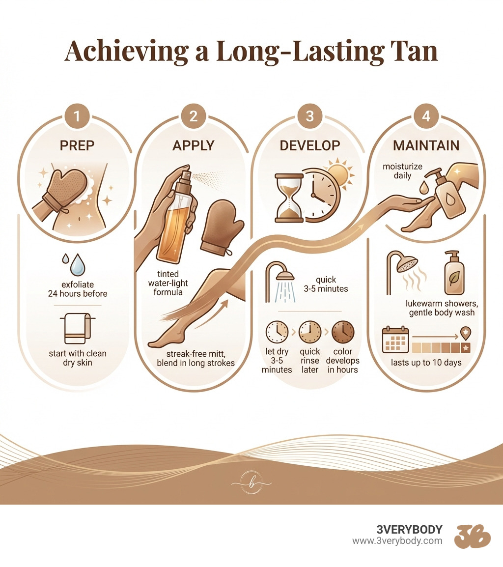 Infographic showing 4 key steps to achieving a long-lasting tan: Step 1 - PREP (exfoliate 24 hours before, start with clean dry skin); Step 2 - APPLY (use tinted water-light formula with streak-free mitt, blend in long strokes); Step 3 - DEVELOP (let dry 3-5 minutes, quick rinse later, color develops in hours); Step 4 - MAINTAIN (moisturize daily, lukewarm showers, gentle body wash, lasts up to 10 days) - best long lasting tanner infographic 