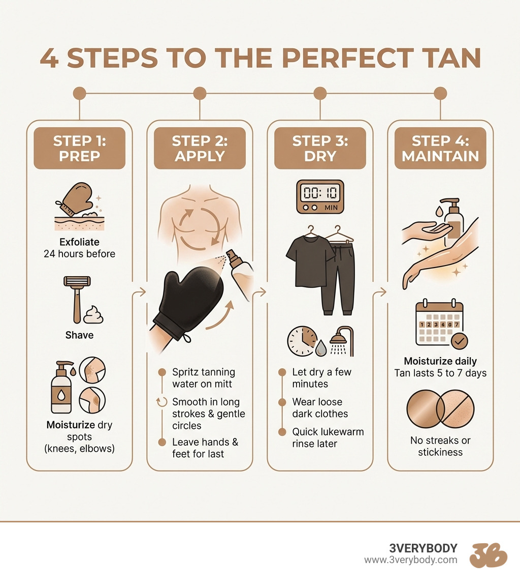 Infographic showing 4 steps to the perfect tan: STEP 1 PREP – Exfoliate 24 hours before, shave, moisturize dry spots like knees and elbows; STEP 2 APPLY – Spritz tinted tanning water onto mitt, smooth in long strokes with gentle circles, leave hands and feet for last; STEP 3 DRY – Let dry a few minutes, wear loose dark clothes, do a quick lukewarm rinse later; STEP 4 MAINTAIN – Moisturize daily, tan lasts 5 to 7 days, no streaks or stickiness - best tanner for men infographic Infographic showing 4 steps to the perfect tan: STEP 1 PREP – Exfoliate 24 hours before, shave, moisturize dry spots like knees and elbows; STEP 2 APPLY – Spritz tinted tanning water onto mitt, smooth in long strokes with gentle circles, leave hands and feet for last; STEP 3 DRY – Let dry a few minutes, wear loose dark clothes, do a quick lukewarm rinse later; STEP 4 MAINTAIN – Moisturize daily, tan lasts 5 to 7 days, no streaks or stickiness - best tanner for men infographic