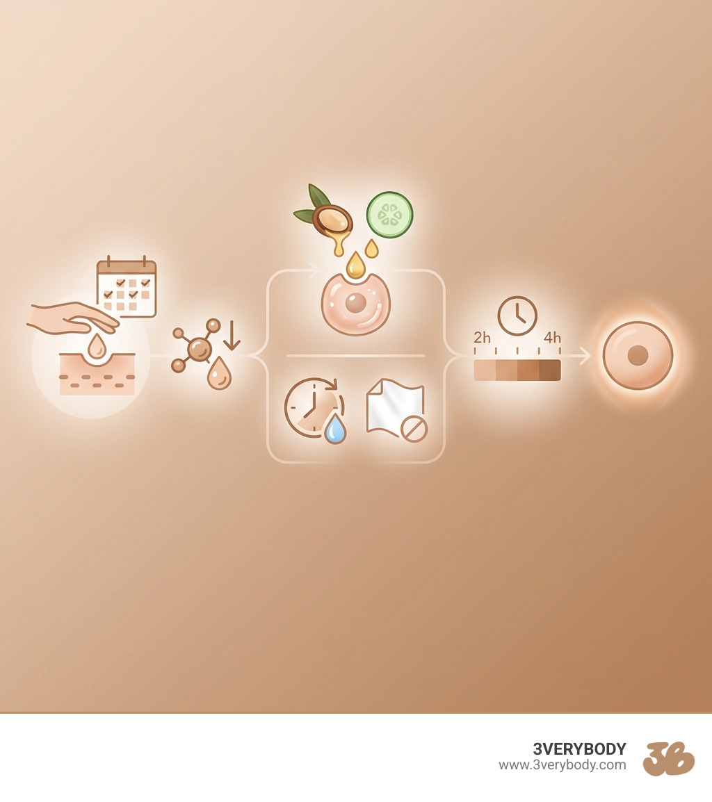 Infographic showing how gradual tanning works: apply daily or every other day with lower DHA for buildable color, hydrating ingredients like argan oil and cucumber oil nourish skin while you tan, quick-dry water-light formula blends clean and won't transfer, color develops over 2-4 hours and deepens with each application, final result is a natural sun-kissed glow that fades evenly - everyday self tanner infographic Infographic showing how gradual tanning works: apply daily or every other day with lower DHA for buildable color, hydrating ingredients like argan oil and cucumber oil nourish skin while you tan, quick-dry water-light formula blends clean and won't transfer, color develops over 2-4 hours and deepens with each application, final result is a natural sun-kissed glow that fades evenly - everyday self tanner infographic