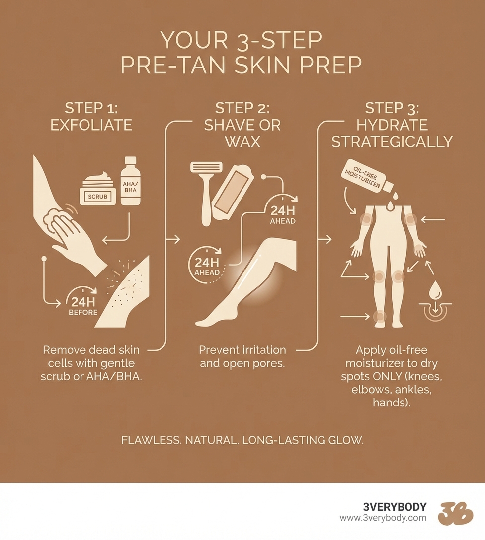 infographic showing three steps: Step 1 Exfoliate 24 hours before with gentle scrub or AHA BHA, Step 2 Shave or wax at least 24 hours ahead to prevent irritation, Step 3 Hydrate dry spots only with oil-free moisturizer on knees elbows ankles hands, brown background cream text - how to prep skin infographic 