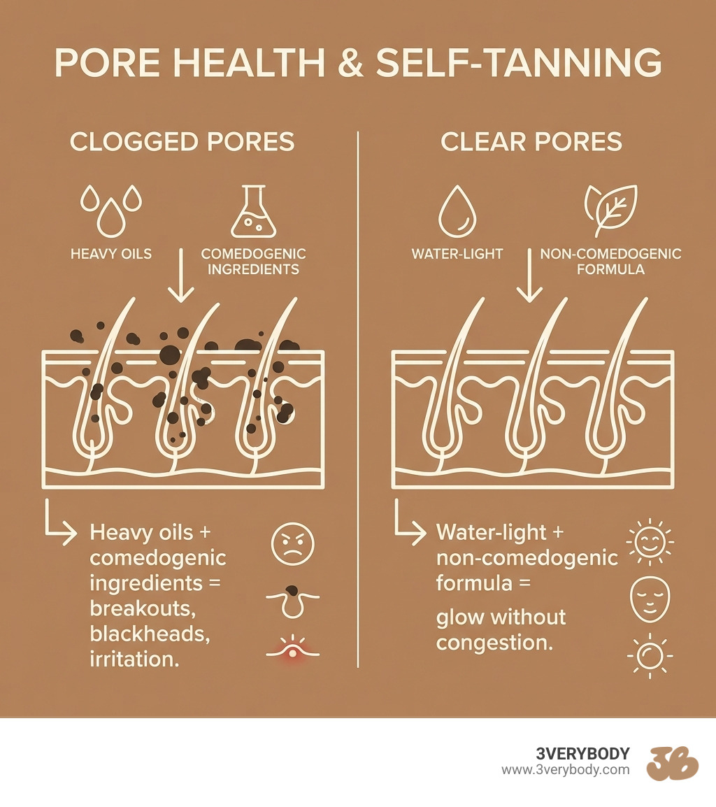 Infographic showing two side-by-side skin cross-sections: left side labeled "CLOGGED PORES" with dark spots blocking follicles and text "Heavy oils + comedogenic ingredients = breakouts, blackheads, irritation"; right side labeled "CLEAR PORES" with open follicles and text "Water-light + non-comedogenic formula = glow without congestion." Background in #B88F6C with cream #FFF9F1 text and simple line icons. - non-comedogenic self tanner infographic 