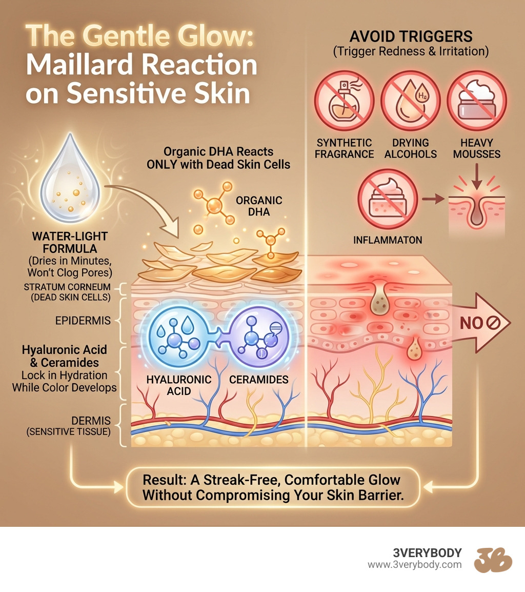 Infographic showing the Maillard reaction on sensitive skin: Organic DHA reacts only with dead skin cells in the stratum corneum; water-light formulas dry in minutes and won't clog pores; hyaluronic acid and ceramides lock in hydration while color develops; avoid synthetic fragrance, drying alcohols, and heavy mousses that trigger redness - self tanner sensitive skin infographic 