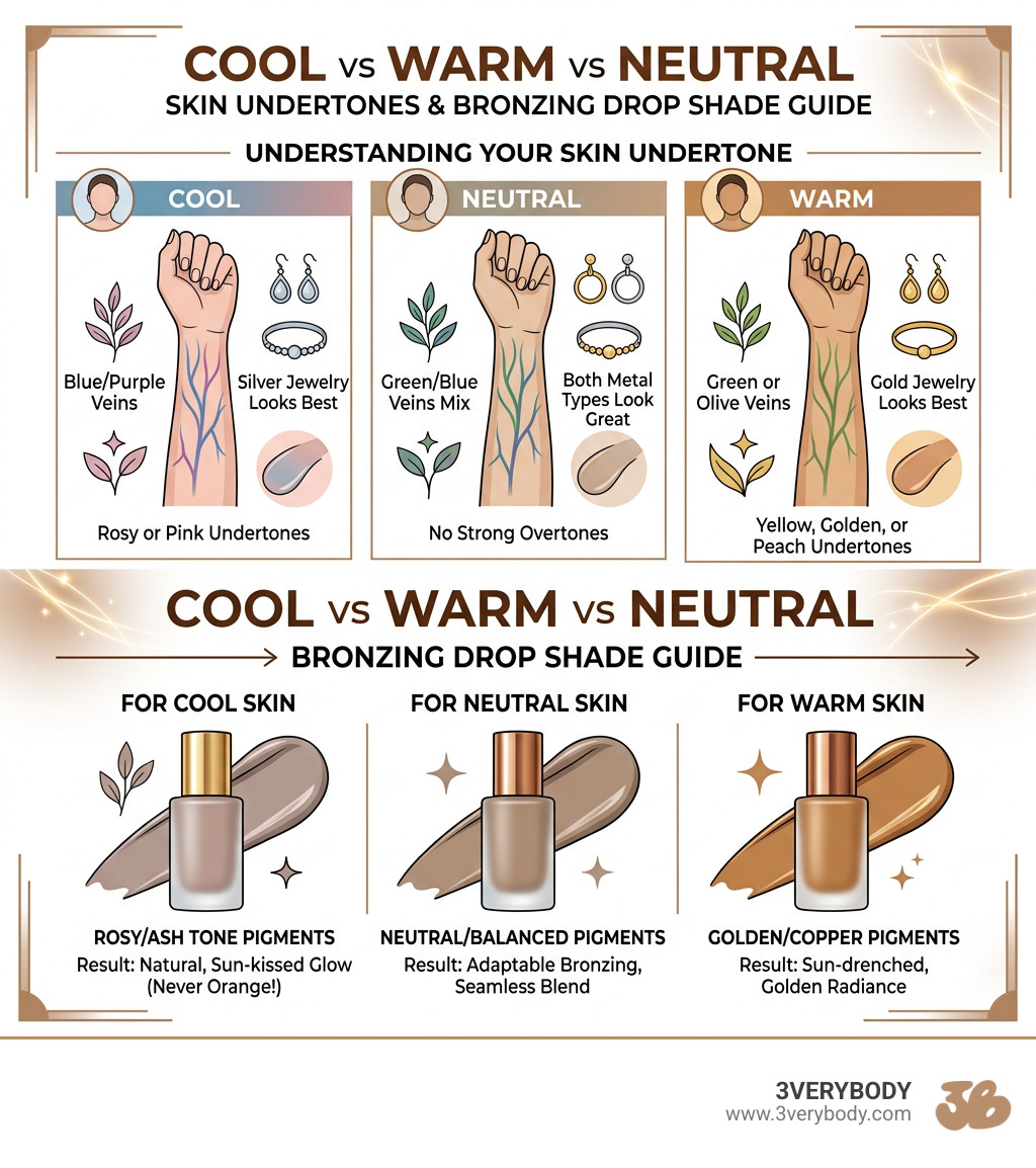 Cool vs warm vs neutral skin undertones infographic with bronzing drop shade guide - Cool tone bronzing drops infographic Cool vs warm vs neutral skin undertones infographic with bronzing drop shade guide - Cool tone bronzing drops infographic