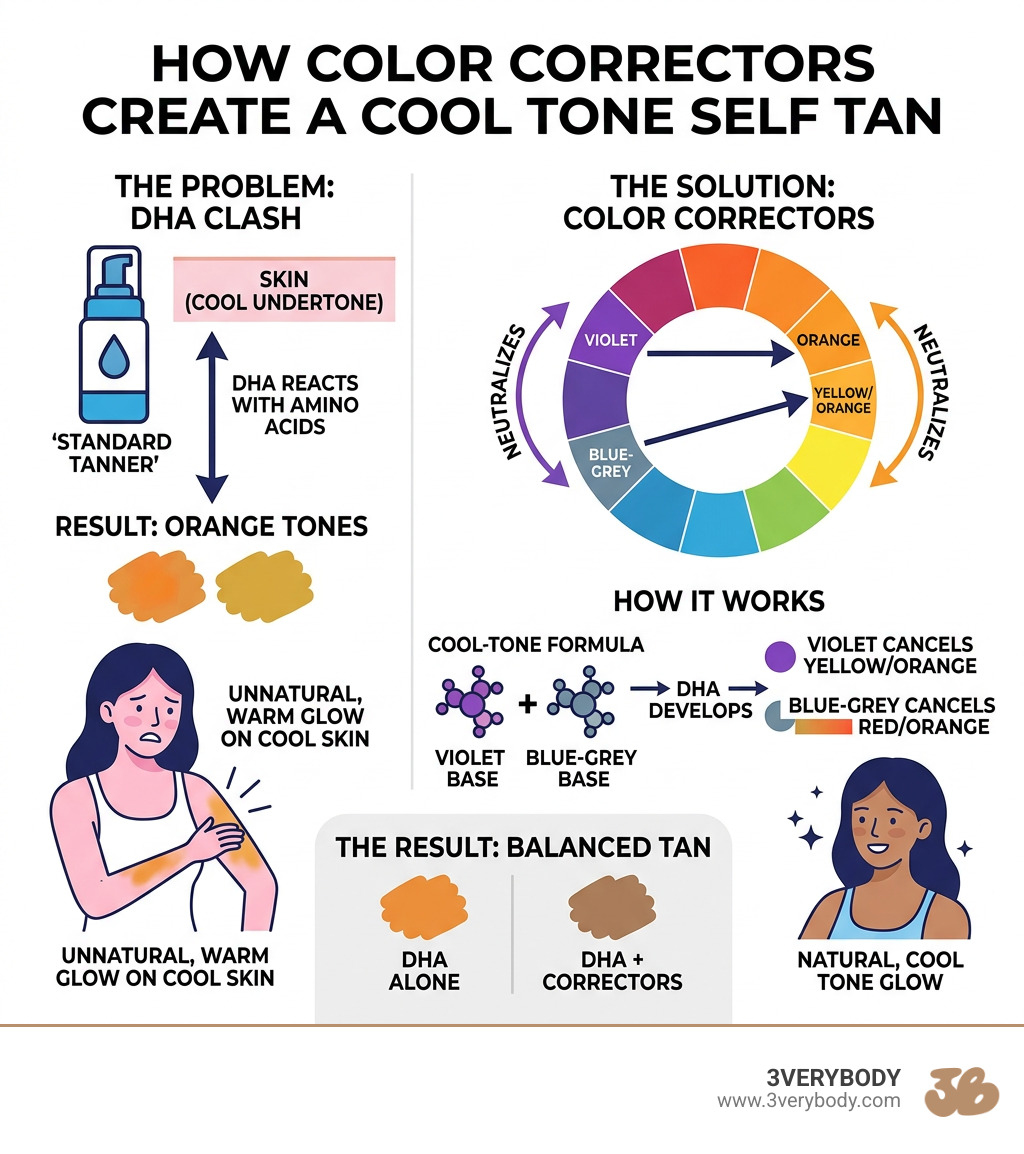 infographic showing violet and blue-grey color correctors neutralizing orange DHA tones in self-tanner - Cool tone self tan