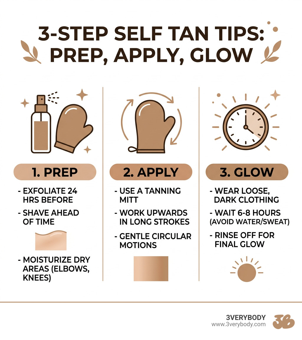 3-step self tan tips infographic: Prep, Apply, Glow with icons for mitt, spray bottle, and clock - Self tan tips infographic 