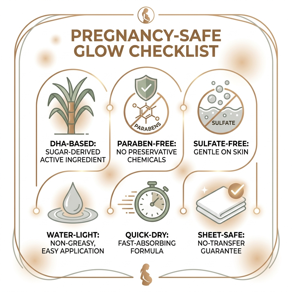 Pregnancy-Safe Glow Checklist: DHA-based, paraben-free, sulfate-free, water-light, quick-dry, sheet-safe - best sunless