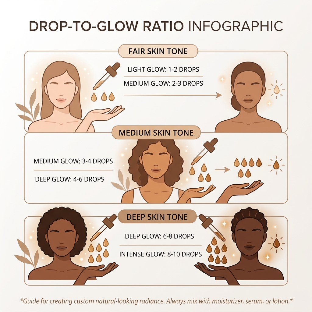 Drop-to-Glow ratio infographic showing drop counts for fair, medium, and deep skin tones - natural glow drops infographic 