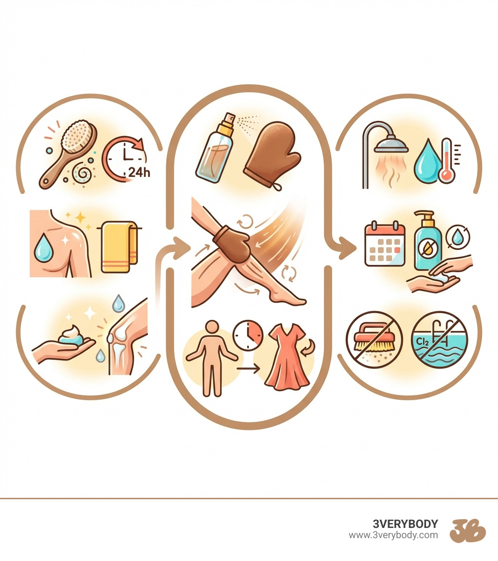 Infographic showing the three stages of a long lasting fake tan: PREP - Exfoliate 24 hours before, start with clean dry skin, lightly moisturize dry spots; APPLICATION - Spritz tinted tanning water onto mitt, blend in long strokes with gentle circles, let dry before dressing; AFTERCARE - - Rinse with lukewarm water, moisturize daily with oil-free lotion, avoid harsh exfoliants and chlorine - long lasting fake tan infographic 