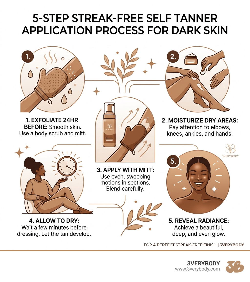 5-step 3VERYBODY streak-free self tanner application process for dark skin infographic - self tanner dark skin infographic 5-step 3VERYBODY streak-free self tanner application process for dark skin infographic - self tanner dark skin infographic