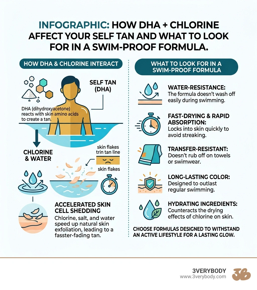 Infographic: How DHA + chlorine affect your self tan and what to look for in a swim-proof formula - self tanner for swimmers Infographic: How DHA + chlorine affect your self tan and what to look for in a swim-proof formula - self tanner for swimmers