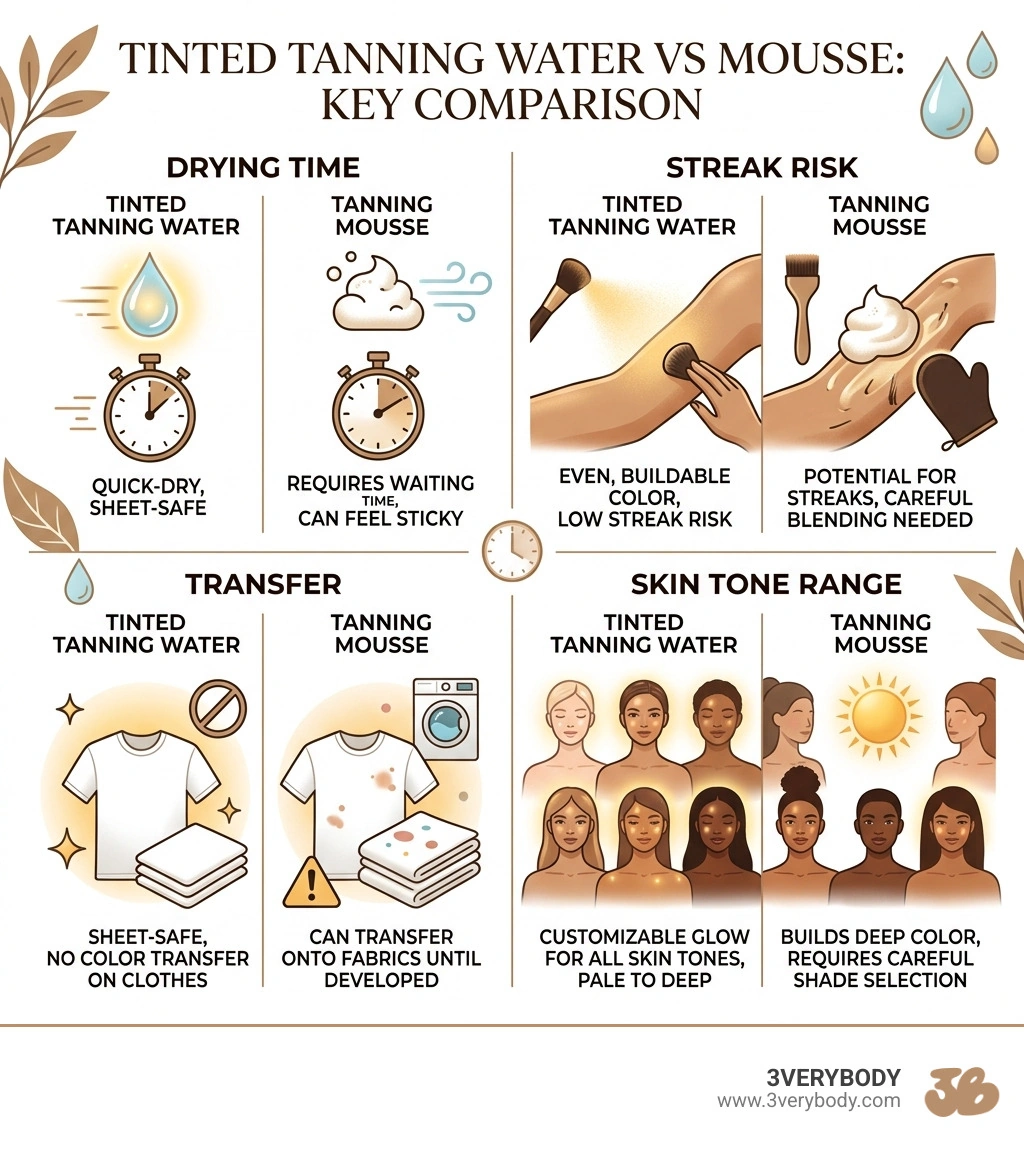Tinted tanning water vs mousse: drying time, streak risk, transfer, and skin tone range comparison - easiest self tanner