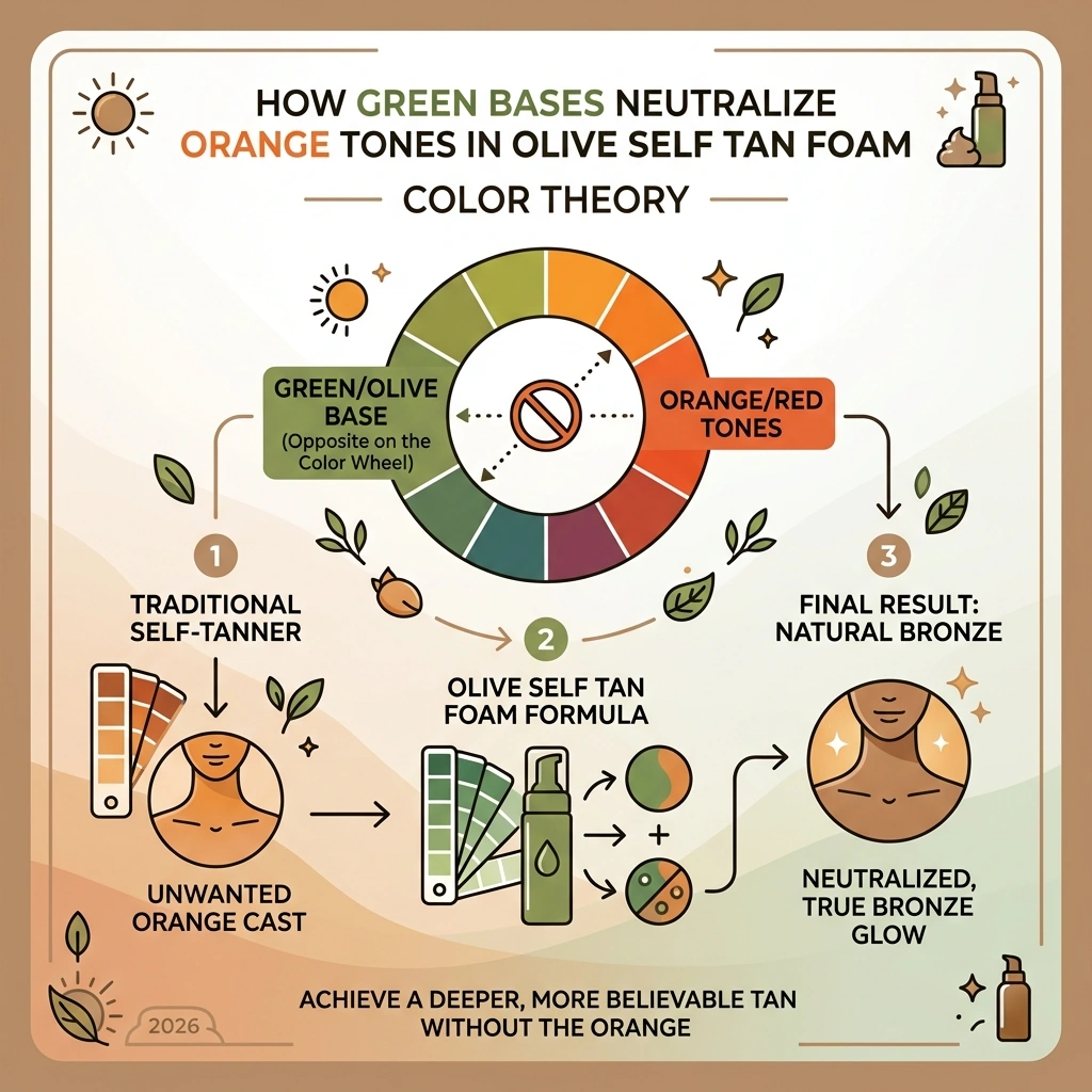 Infographic: how green bases neutralize orange tones in olive self tan foam color theory - olive self tan foam infographic 