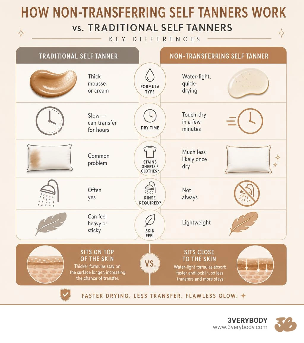 How non-transferring self tanners work vs traditional self tanners - key differences infographic