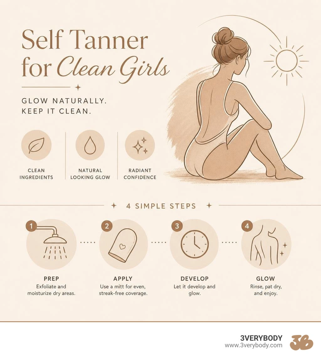 Clean girl self tanner routine: prep, apply tinted tanning water with mitt, dry, rinse infographic