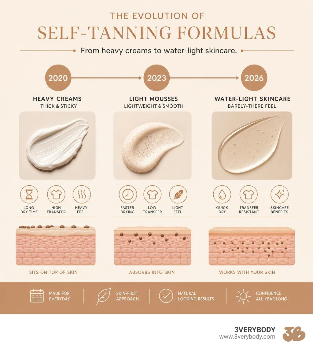 Infographic showing the evolution of self-tanning formulas from heavy creams in 2020 to water-light skincare in 2026