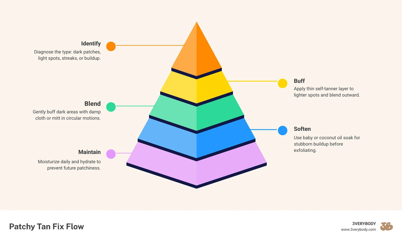 Patchy tan fix flow: identify type, buff or blend, reapply thin layer, moisturize daily infographic Patchy tan fix flow: identify type, buff or blend, reapply thin layer, moisturize daily infographic