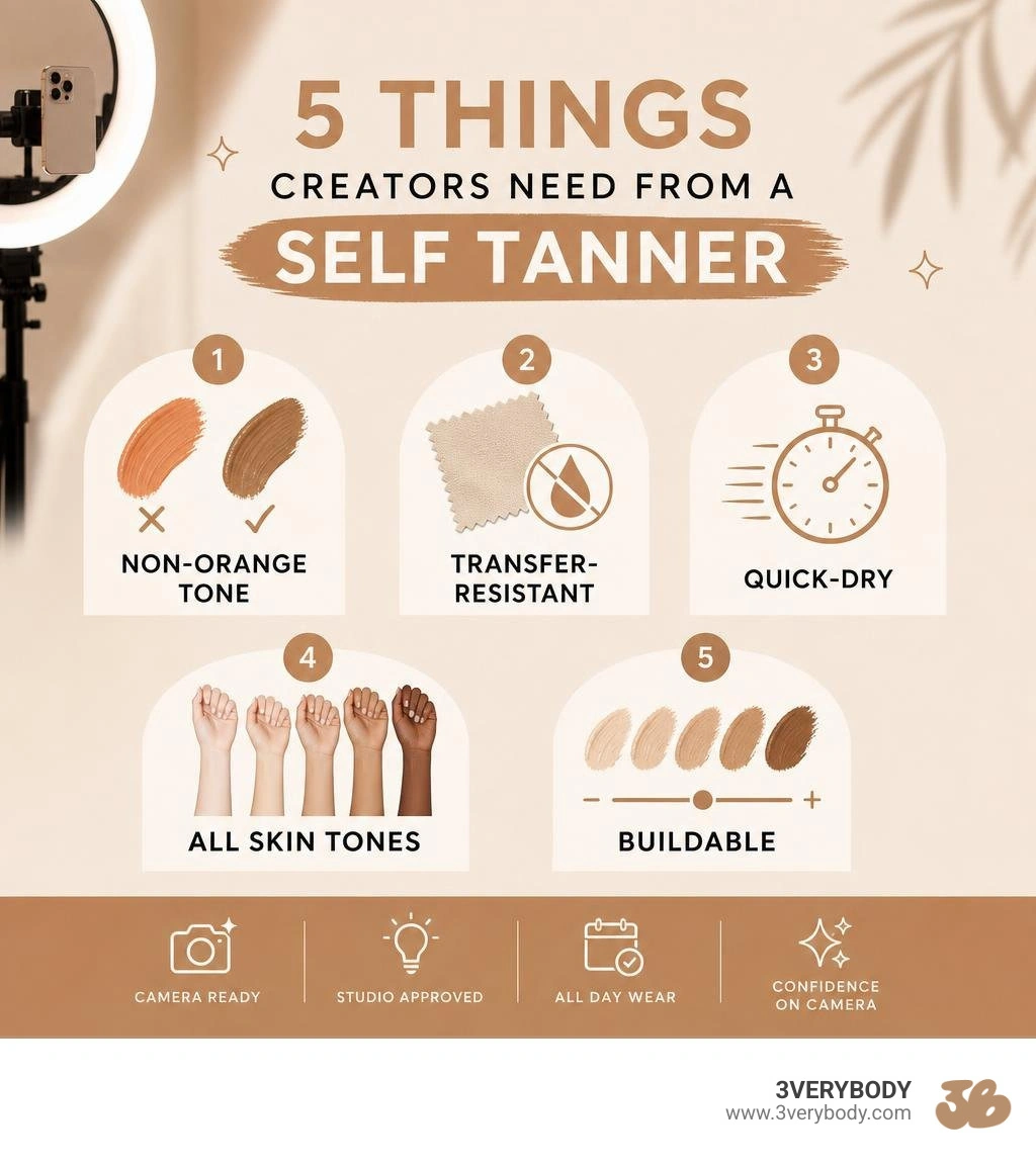 Infographic: 5 things creators need from a self tanner — non-orange tone, transfer-resistant, quick-dry, all skin tones