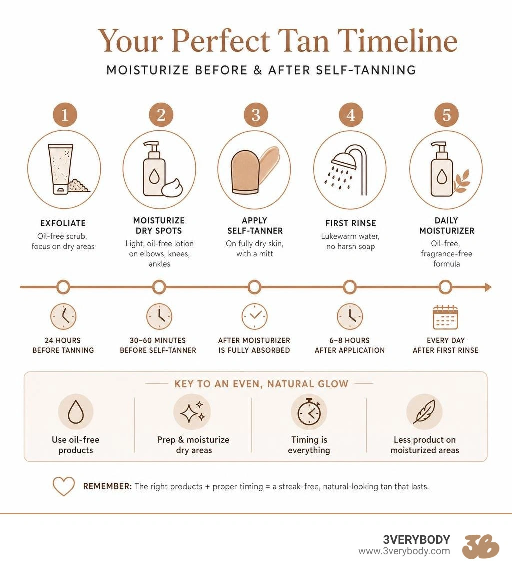 Timeline infographic: moisturizing before and after self-tanning steps with timing infographic
