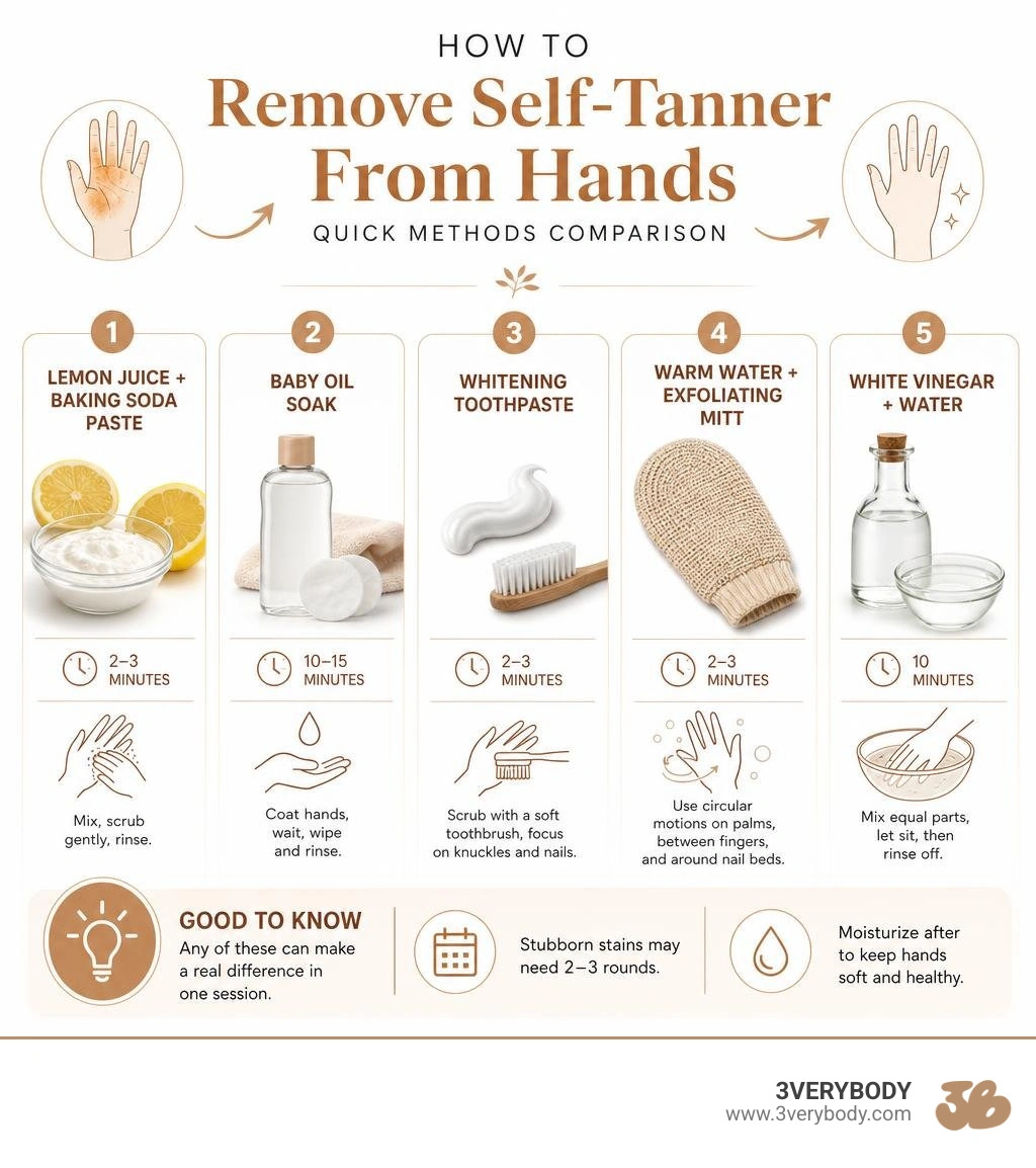 How to remove self-tanner from hands: quick methods comparison infographic infographic