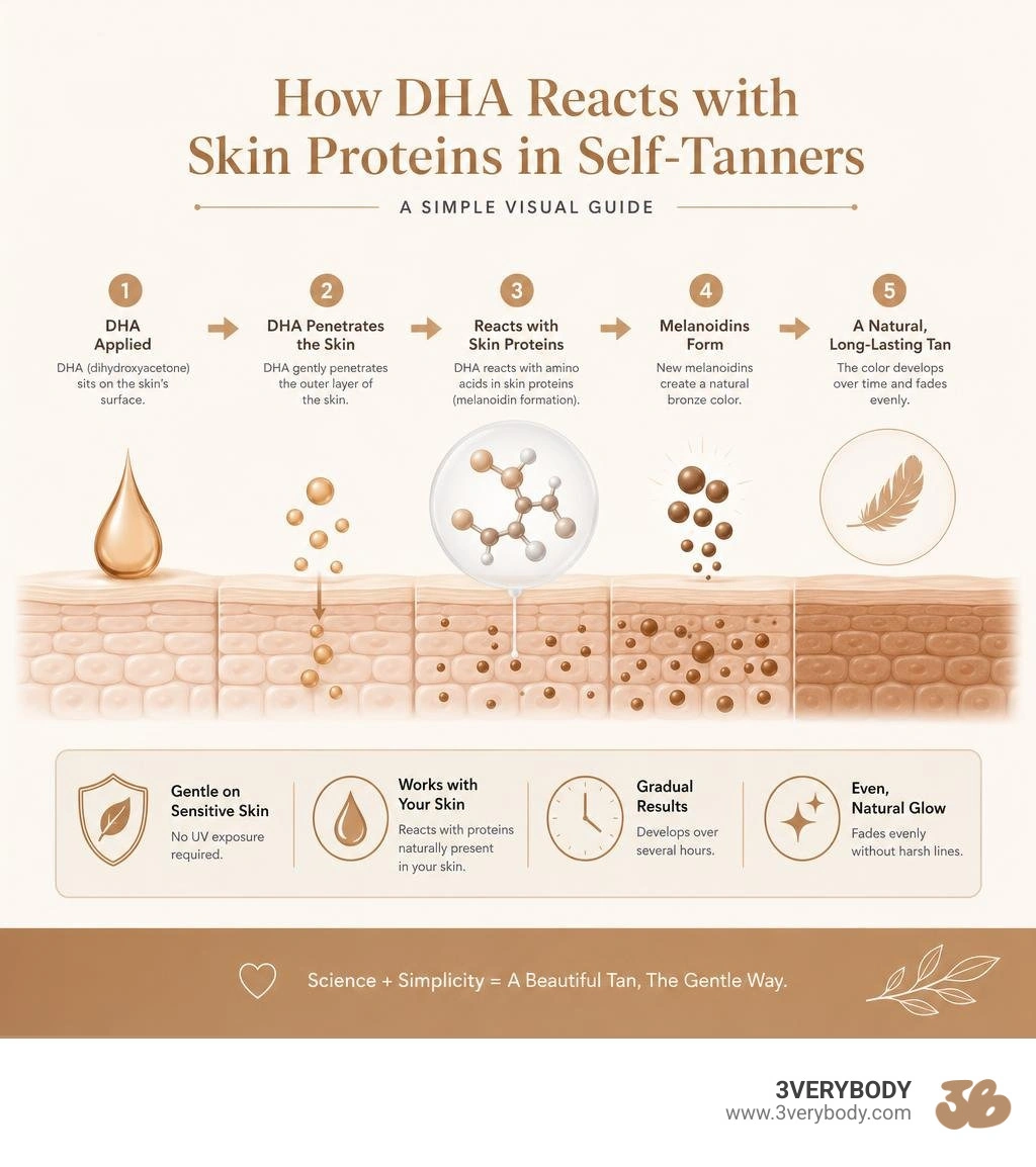 How DHA reacts with skin proteins in self-tanners for sensitive skin — simple visual guide infographic How DHA reacts with skin proteins in self-tanners for sensitive skin — simple visual guide infographic