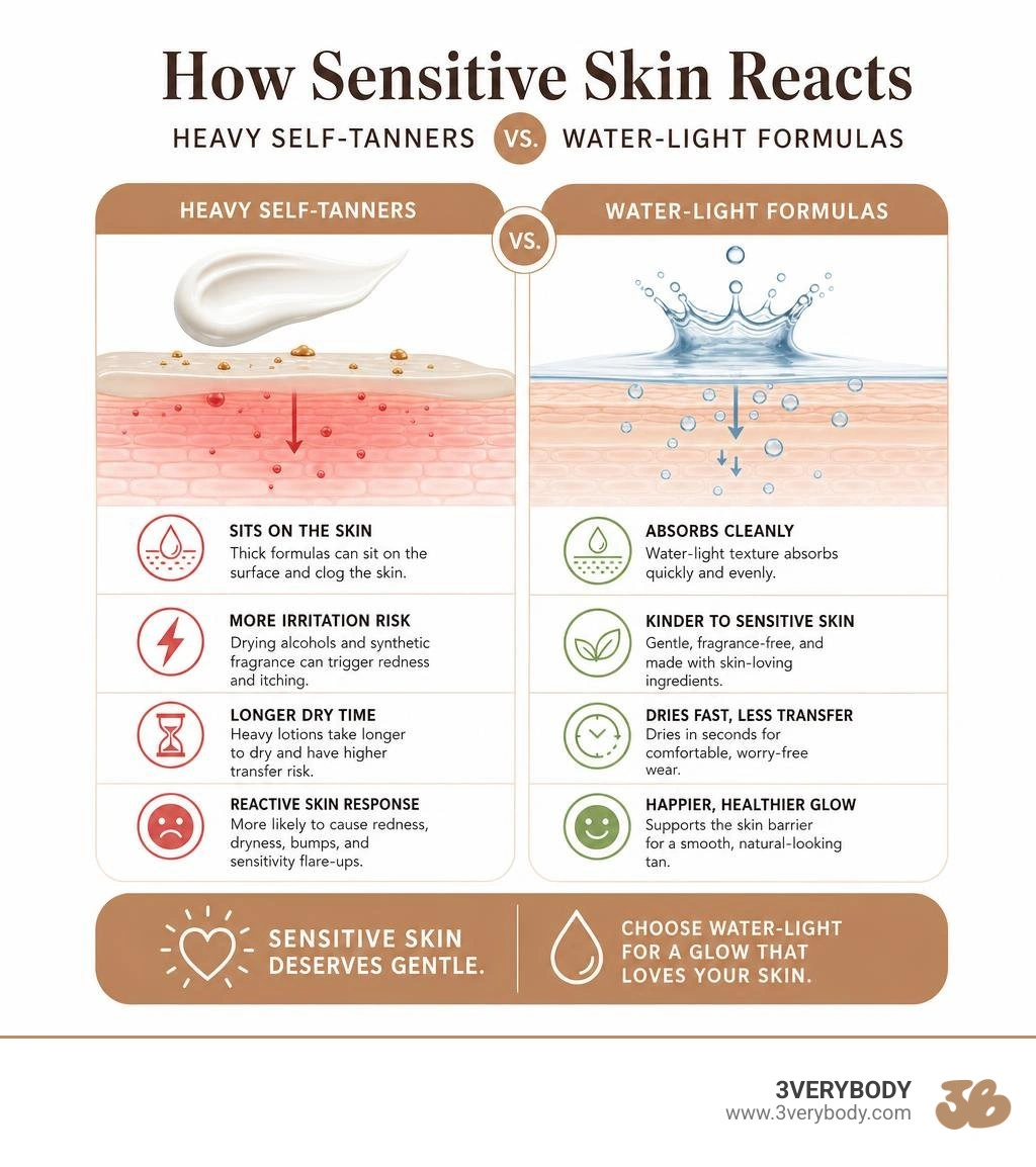 Infographic: how sensitive skin reacts to heavy self-tanners vs water-light formulas infographic Infographic: how sensitive skin reacts to heavy self-tanners vs water-light formulas infographic
