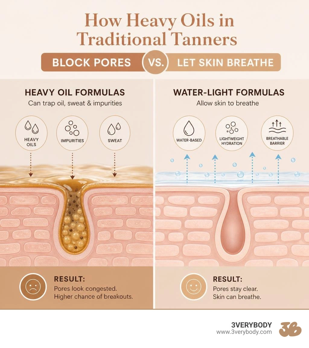 How heavy oils in traditional tanners block pores vs. water-light formulas that let skin breathe infographic How heavy oils in traditional tanners block pores vs. water-light formulas that let skin breathe infographic