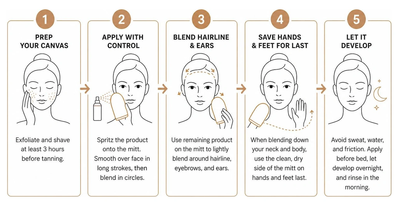 Step-by-step facial self-tanner application process Step-by-step facial self-tanner application process