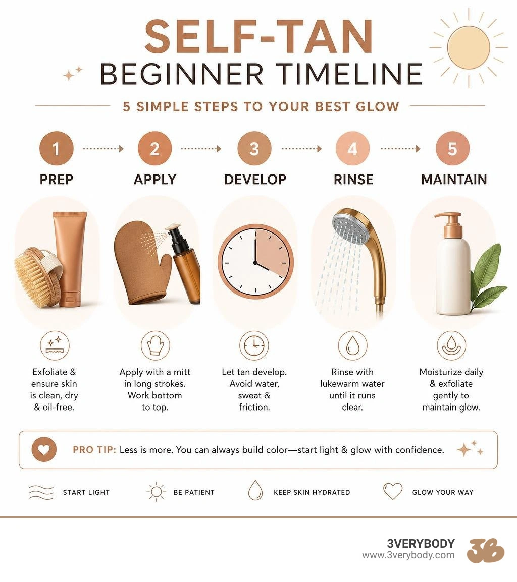 Self-tan beginner timeline infographic: prep, apply, develop, rinse, maintain infographic Self-tan beginner timeline infographic: prep, apply, develop, rinse, maintain infographic