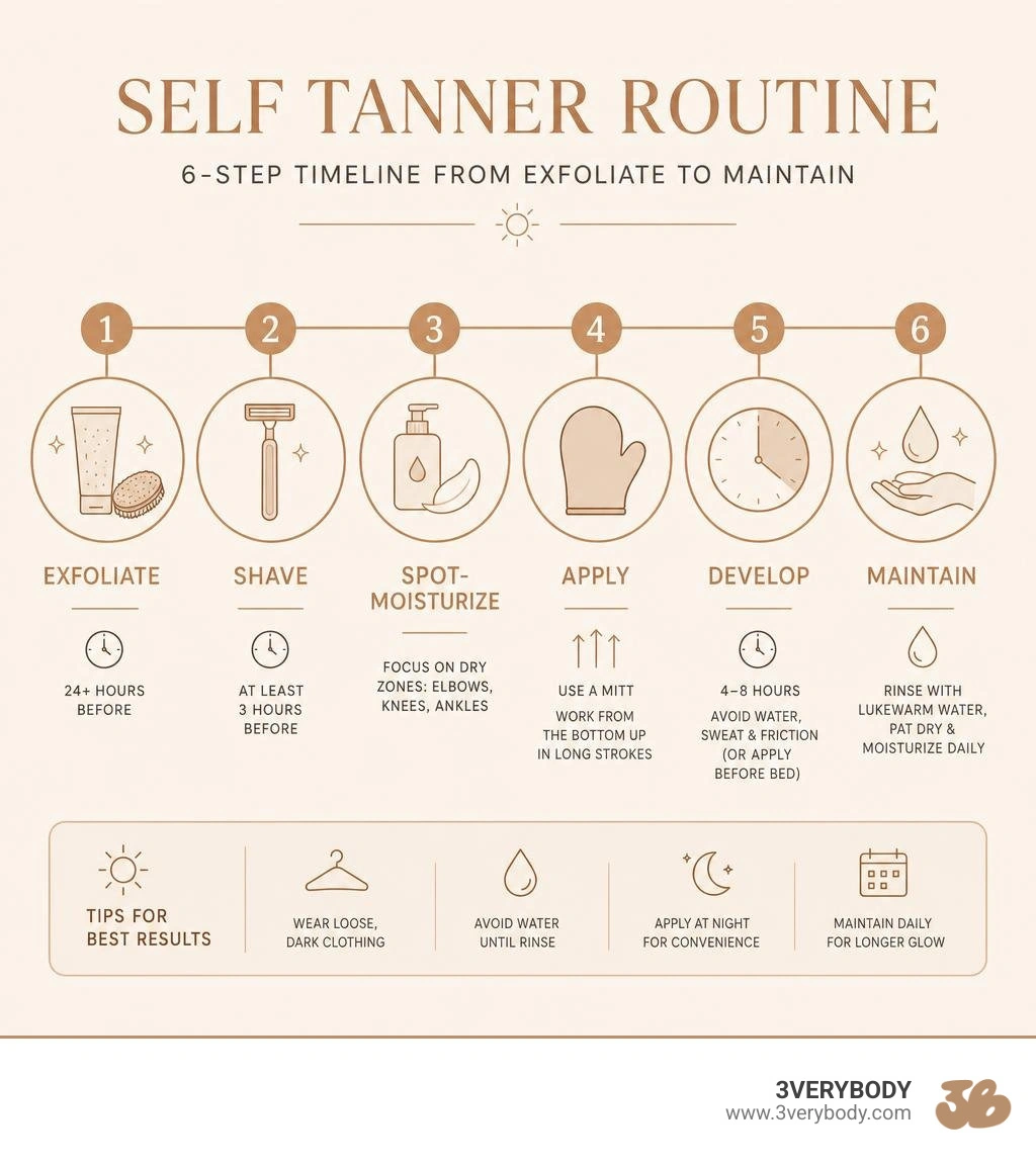 Self tanner routine: 6-step timeline from exfoliate to maintain with icons and timing infographic Self tanner routine: 6-step timeline from exfoliate to maintain with icons and timing infographic