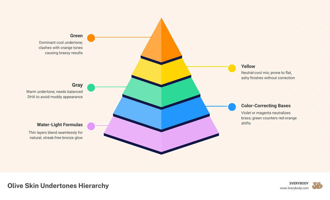 Olive skin undertones infographic: green, yellow, gray tones and color-correcting bases for non-orange self tanner results Olive skin undertones infographic: green, yellow, gray tones and color-correcting bases for non-orange self tanner results