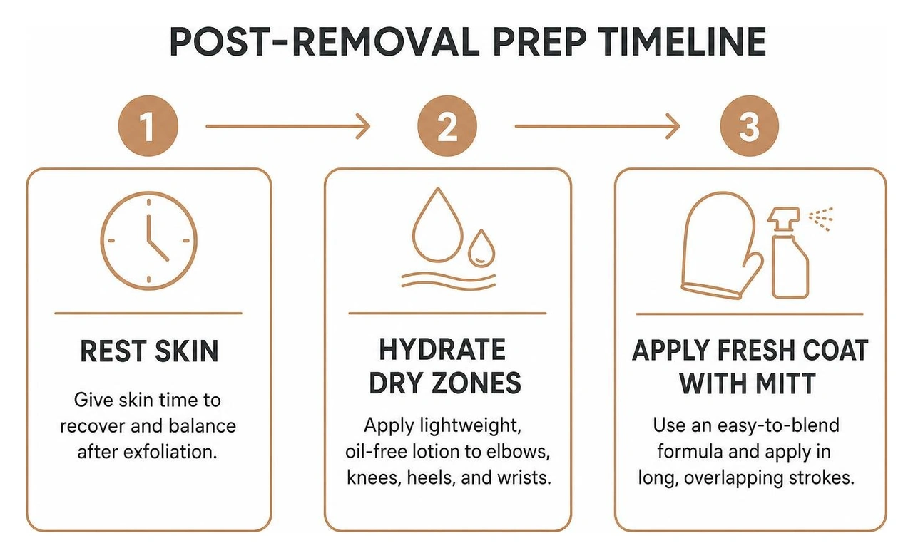 Diagram showing a post-removal self-tanning routine with rest time, light hydration, and mitt application Diagram showing a post-removal self-tanning routine with rest time, light hydration, and mitt application