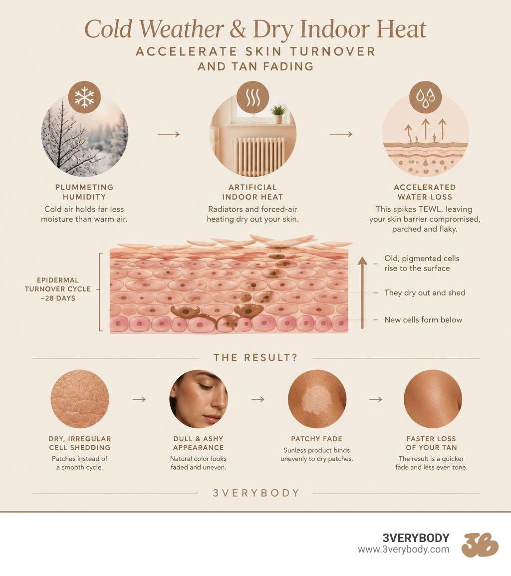 infographic explaining why cold weather and dry indoor heat accelerate skin turnover and tan fading infographic infographic explaining why cold weather and dry indoor heat accelerate skin turnover and tan fading infographic