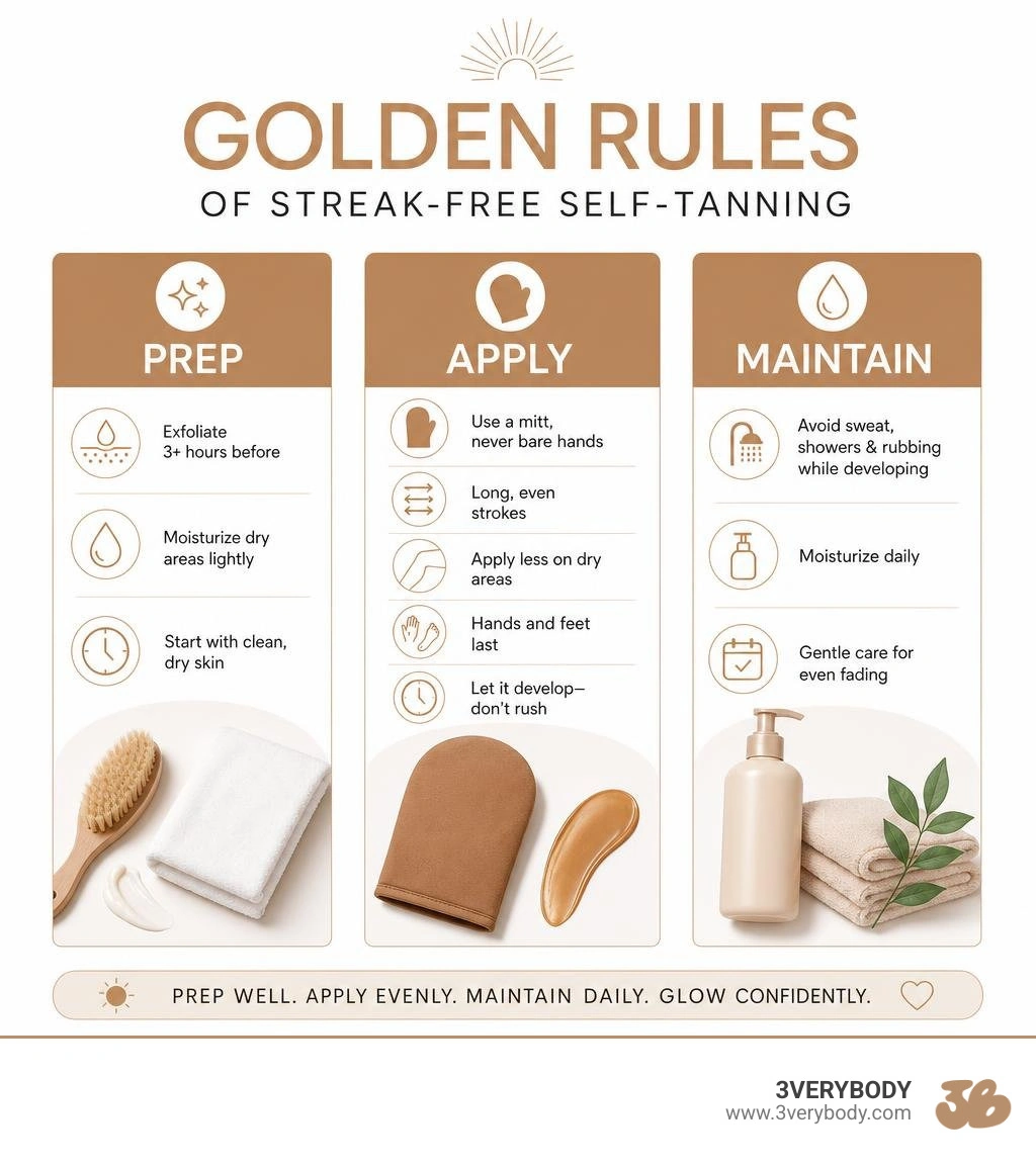 Golden rules of streak-free self-tanning: prep, apply, maintain infographic Golden rules of streak-free self-tanning: prep, apply, maintain infographic