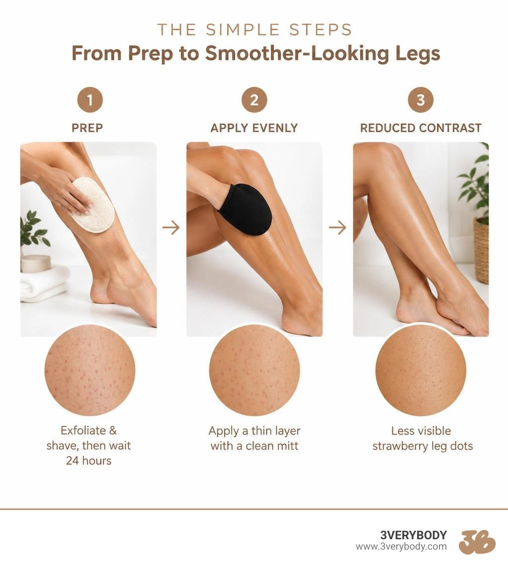 Infographic showing prep, even self tan application, and reduced contrast of strawberry leg dots infographic