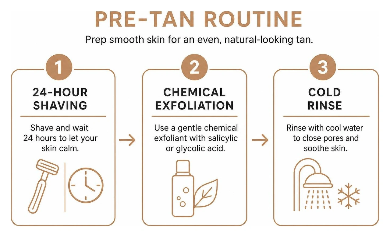 Pre-tan routine showing 24-hour shaving, chemical exfoliation, and cold rinse steps