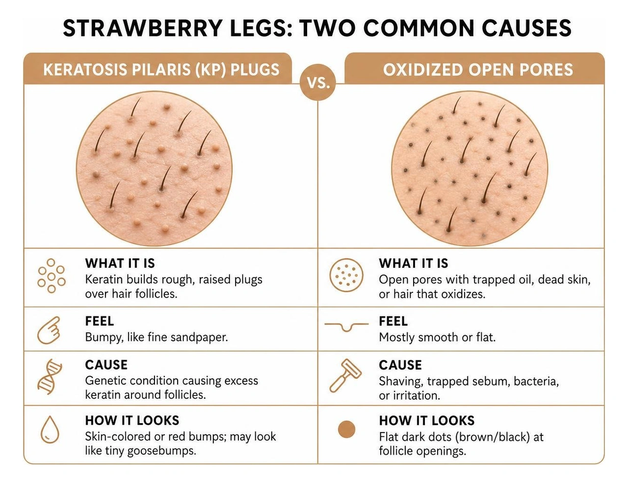 Comparison between keratosis pilaris plugs and oxidized open pores on leg skin